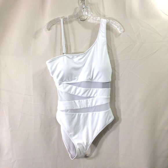 NEW Blooming Jelly One Shoulder White Swimsuit XL Mesh Insert NWT - Picture 2 of 6